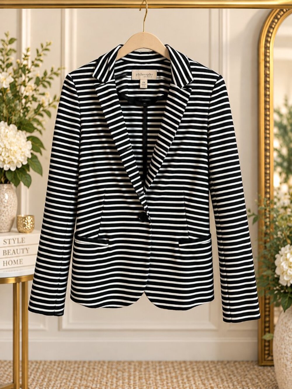 Philosophy Republic Clothing Black White Striped Knit Blazer XS Stretch